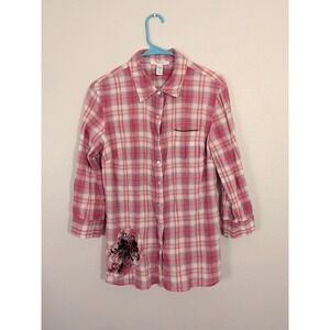Style & Co Women's Pink Plaid Cotton Button-Up Top Long Sleeve Shirt Size 12